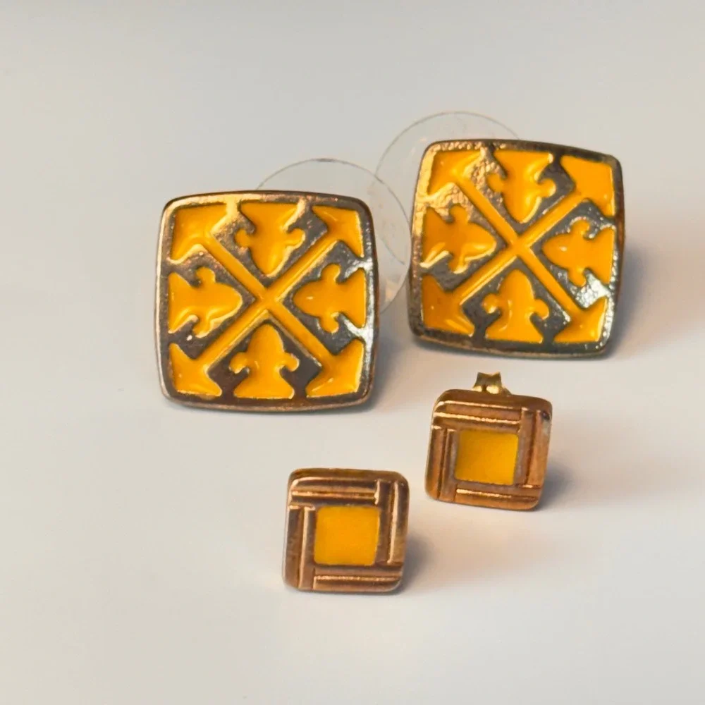 Square Stud Earrings Yellow Gold Tone Enamel Geometric Boho Statement Set 2 Pair